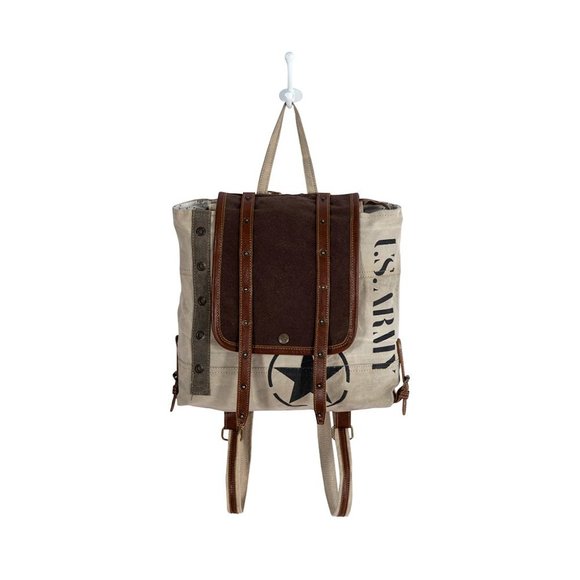 Myra Bag Handmade Army Backpack Upcycled Canvas & Cowhide Leather - Picture 6 of 10